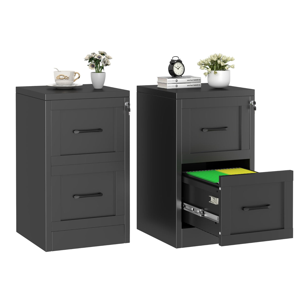 2 Drawer Metal File Cabinet with Lock,Lateral Filing Storage Cabinets,Steel Wide File Organization for Legal/Letter/A4/F4 Size with Hanging Files&Key,Lockable Printer Stand for Home Office, Black