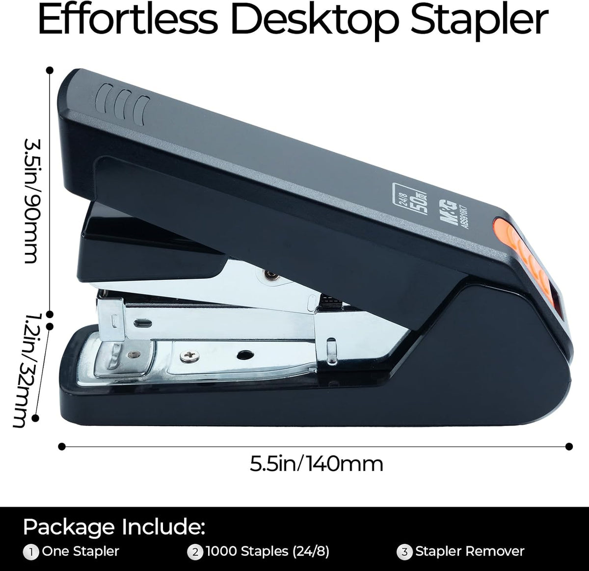 M&G Effortless Stapler 50 Sheet Capacity One-Touch Stapling, Heavy Duty Desktop Stapler Includes 1000 Staples and Remover, Portable Handheld Staplers for Home Office (Black)
