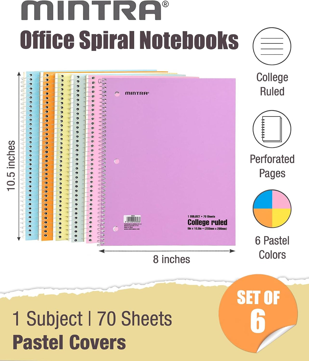 Mintra Office Spiral Notebooks, Wirebound, Journals for School, Work, Business, Aesthetic Stationery, Writing Pads, Teacher & Student Supplies (6, Pastel, College)