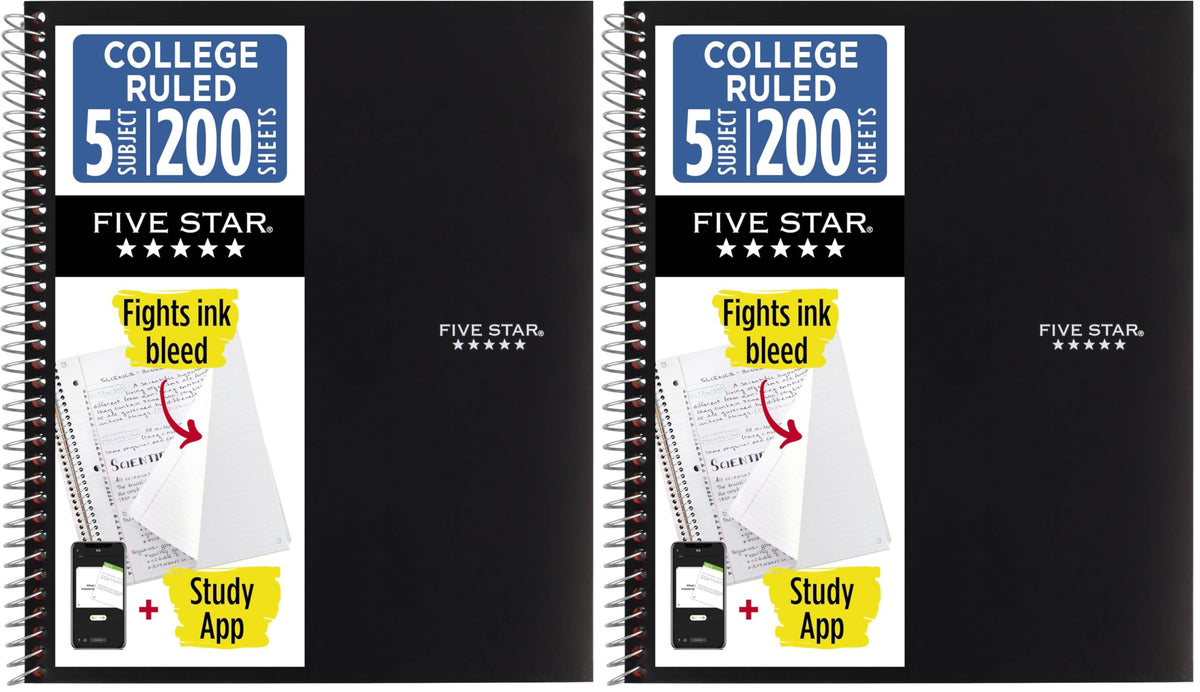 Five Star Spiral Notebook + Study App, 5 Subject, College Ruled Paper, 8-1/2" x 11", 200 Sheets, Fights Ink Bleed, Water Resistant Cover, Black (72081)