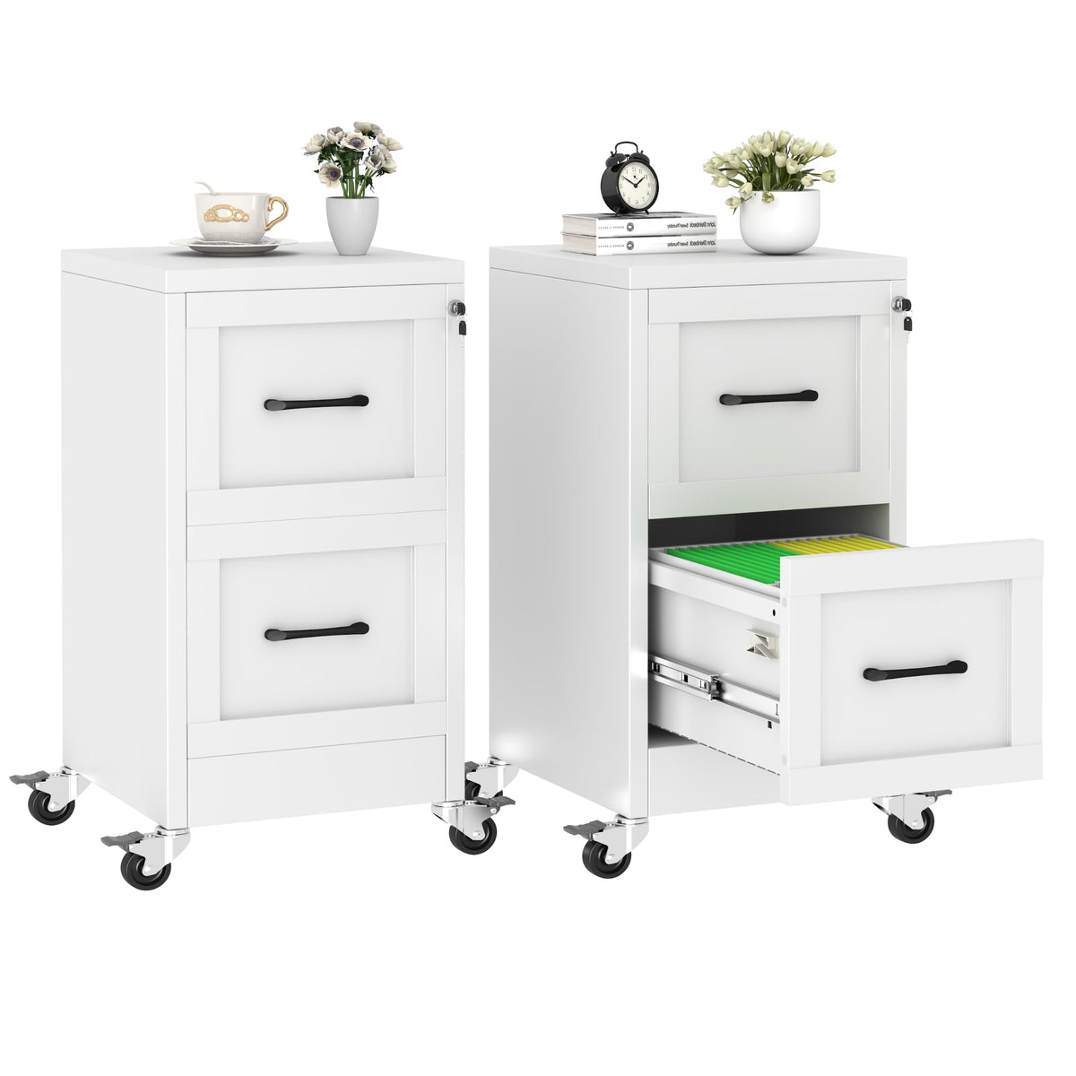 2 Drawer Metal File Cabinet with Lock,Lateral Filing Storage Cabinets,Steel Wide File Organization for Legal/Letter/A4/F4 Size with Hanging Files&Key,Lockable Printer Stand for Home Office, Black
