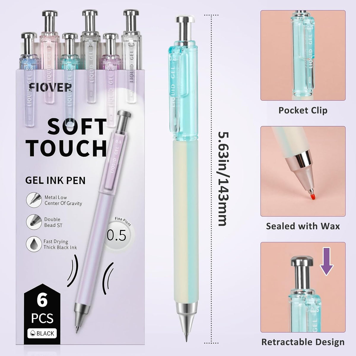 FIOVER 6 Pack 0.5mm Black Gel Pens, Quick Dry Fine Tip Pens