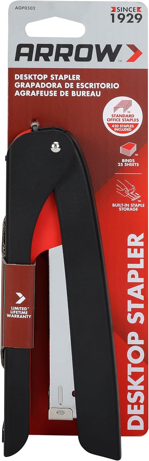 Arrow Desk Stapler with Staples, 25-Sheets Capacity Office Stapler with Anti-Slip Base, Built-in Staple Storage, Full Strip, for Office Home School Use