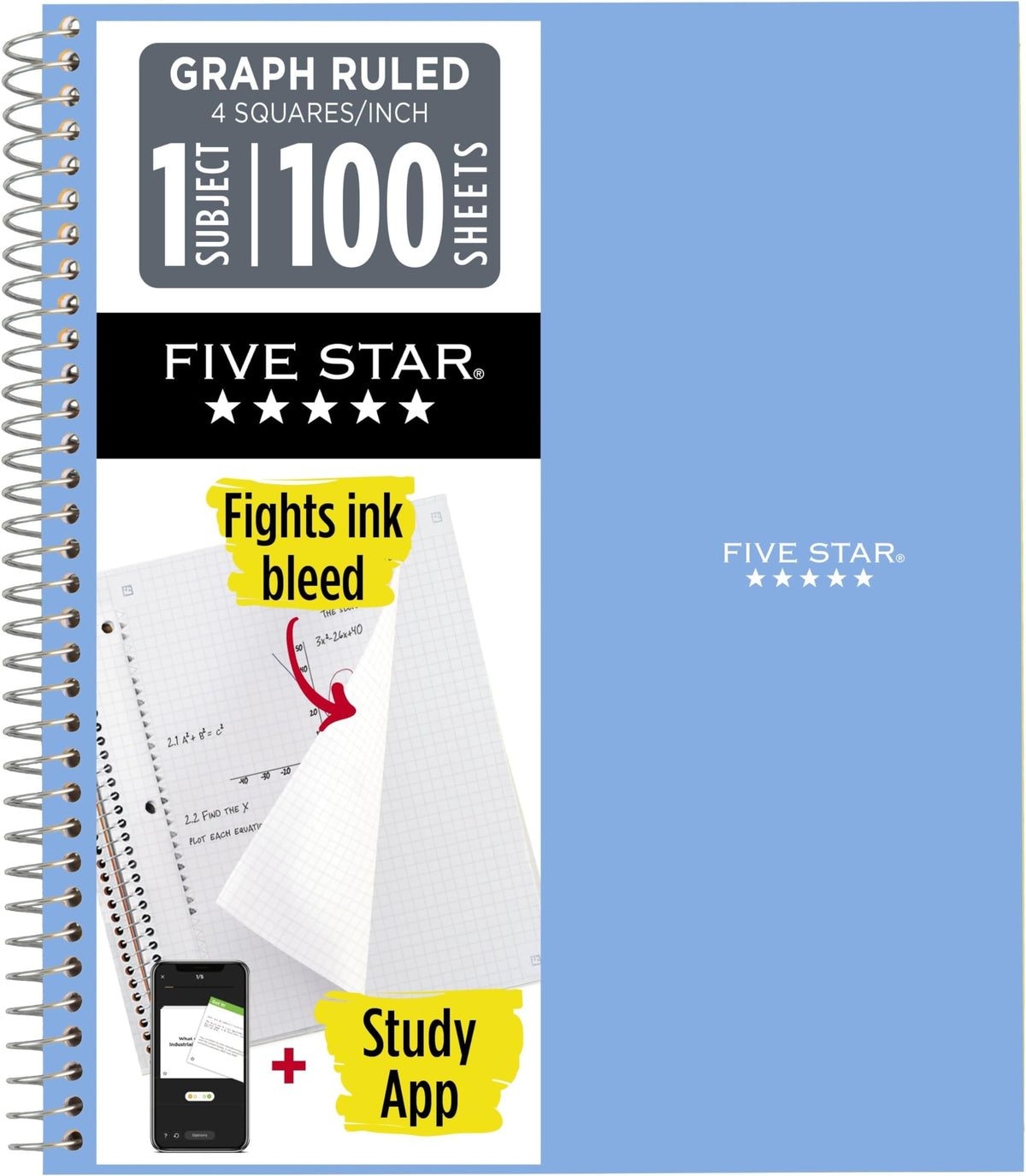 Five Star Spiral Notebook + Study App, 1 Subject, Graph Ruled Paper, 8-1/2" x 11", 100 Sheets, Fights Ink Bleed, Water Resistant Cover, Black (73679)