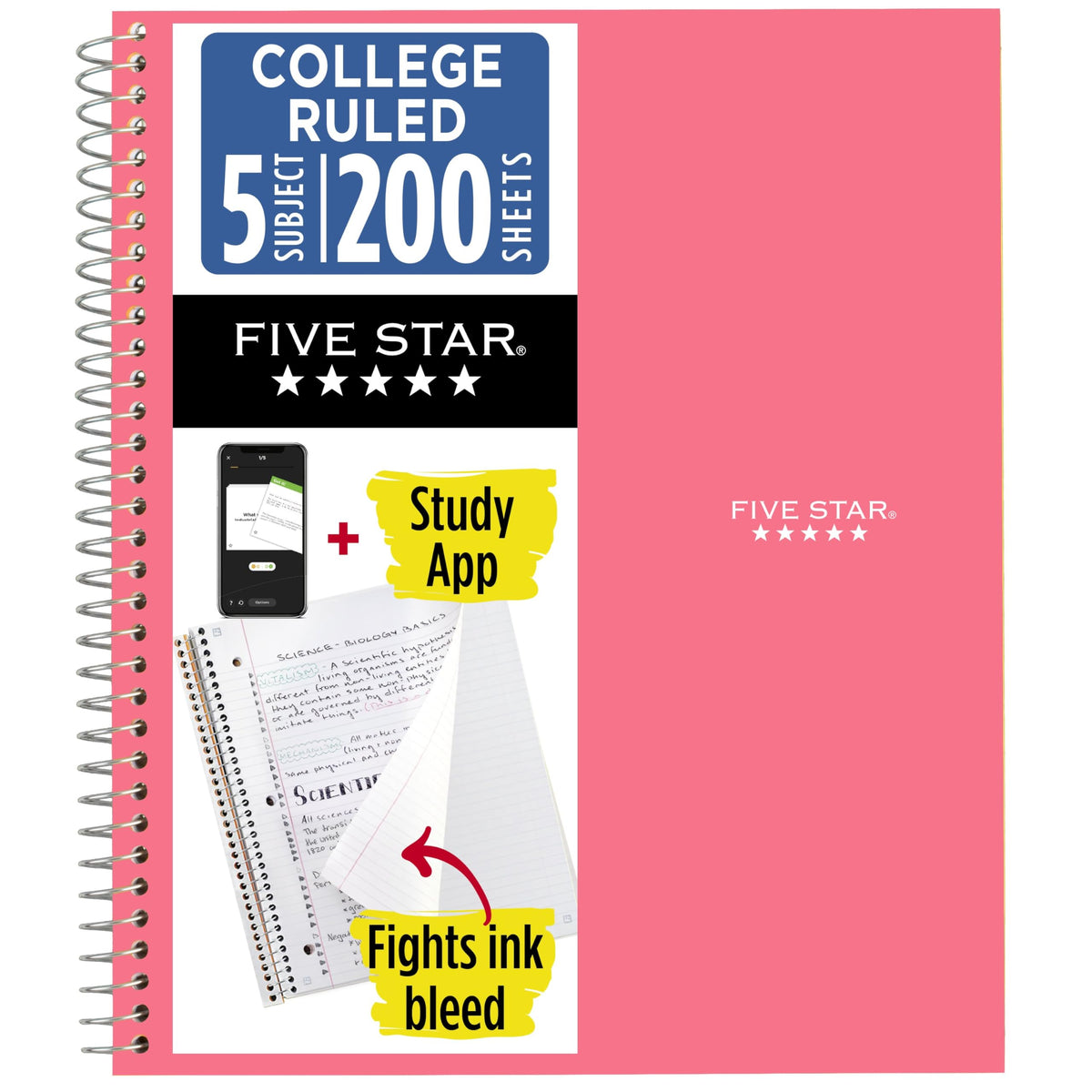 Five Star Spiral Notebook + Study App, 5 Subject, College Ruled Paper, 8-1/2" x 11", 200 Sheets, Fights Ink Bleed, Water Resistant Cover, Black (72081)