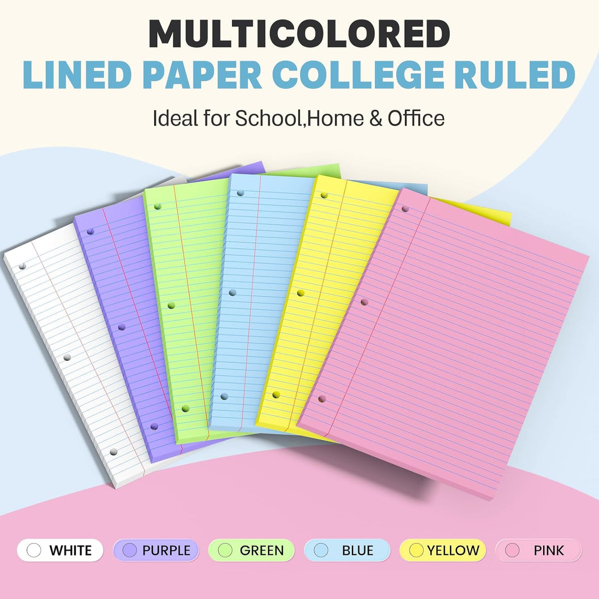 120 Sheets Loose Leaf Paper 8 x 10.5, 6 Colors Lined Paper College Ruled