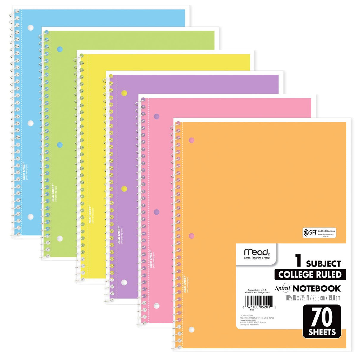Mead Spiral Notebook, 6 Pack, 1 Subject, College Ruled Paper, 7-1/2" x 10-1/2", 70 Sheets per Notebook, Assorted Bright Colors (830050-ECM)