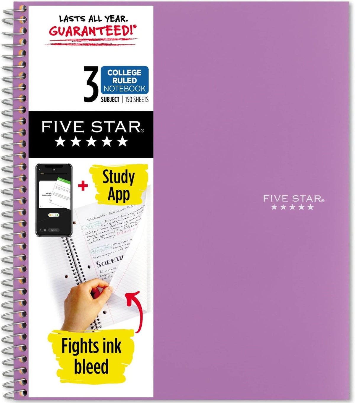 Five Star Spiral Notebook + Study App, 3 Subject, College Ruled Paper, 8.5" x 11", 150 Sheets, Blue (Color May Vary) (820003NH0)