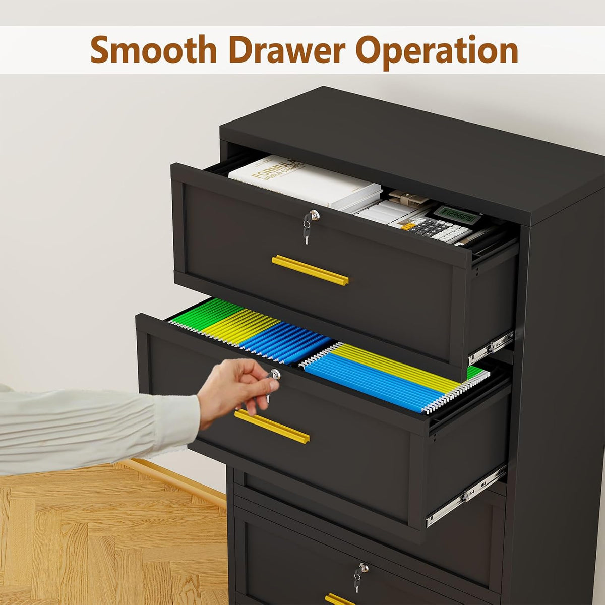 2 Drawer Metal File Cabinet with Lock,Lateral Filing Storage Cabinets,Steel Wide File Organization for Legal/Letter/A4/F4 Size with Hanging Files&Key,Lockable Printer Stand for Home Office, Black