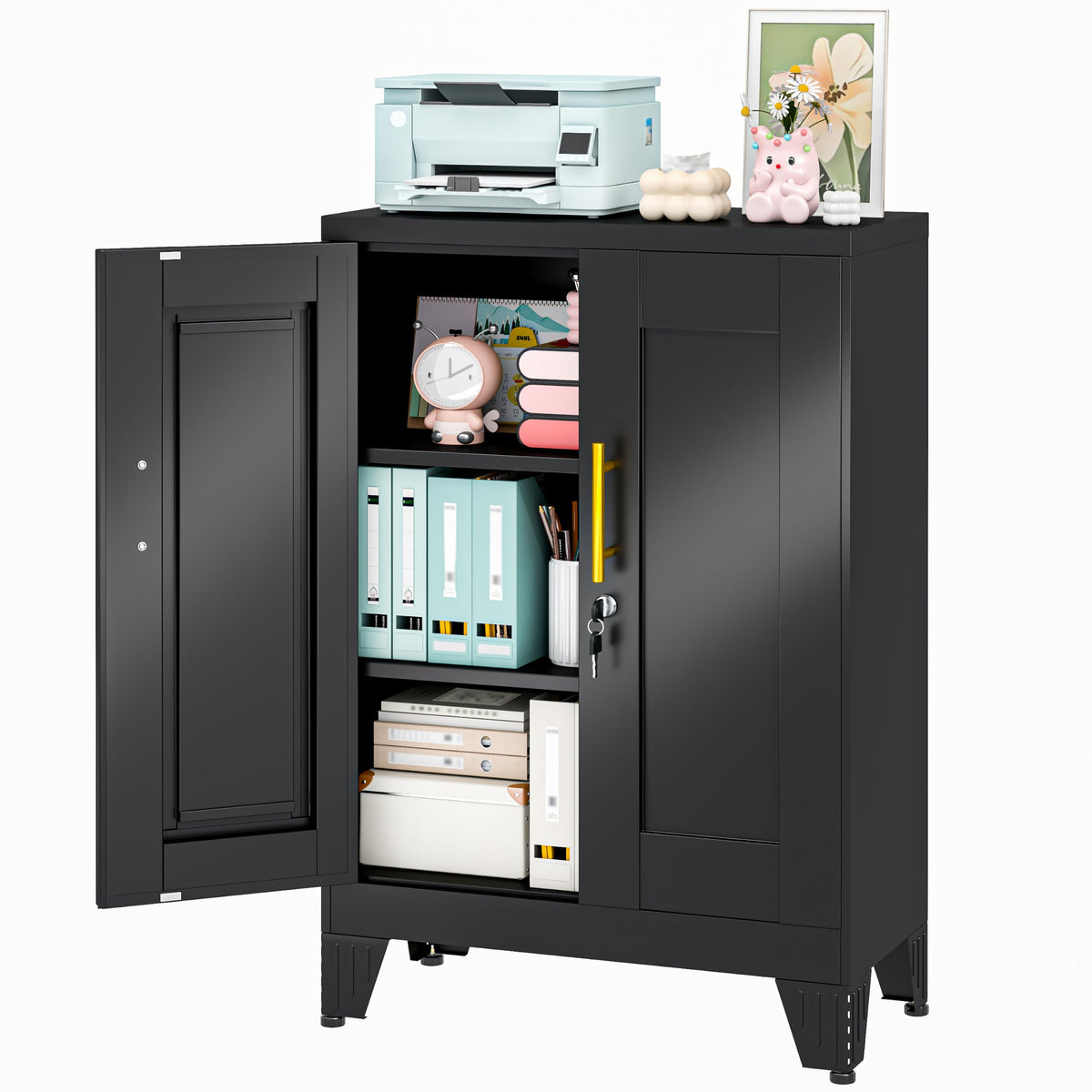 2 Drawer Metal File Cabinet with Lock,Lateral Filing Storage Cabinets,Steel Wide File Organization for Legal/Letter/A4/F4 Size with Hanging Files&Key,Lockable Printer Stand for Home Office, Black