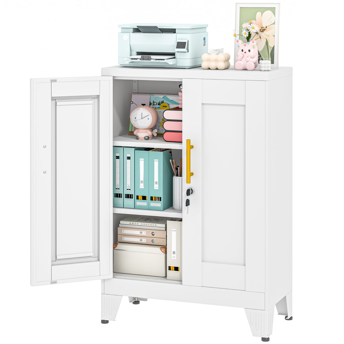 2 Drawer Metal File Cabinet with Lock,Lateral Filing Storage Cabinets,Steel Wide File Organization for Legal/Letter/A4/F4 Size with Hanging Files&Key,Lockable Printer Stand for Home Office, Black