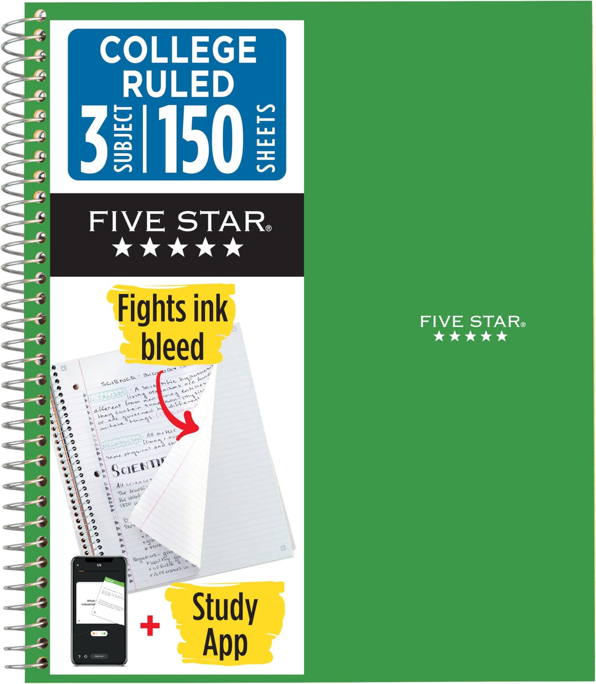 Five Star Spiral Notebook + Study App, 3 Subject, College Ruled Paper, 8.5" x 11", 150 Sheets, Blue (Color May Vary) (820003NH0)