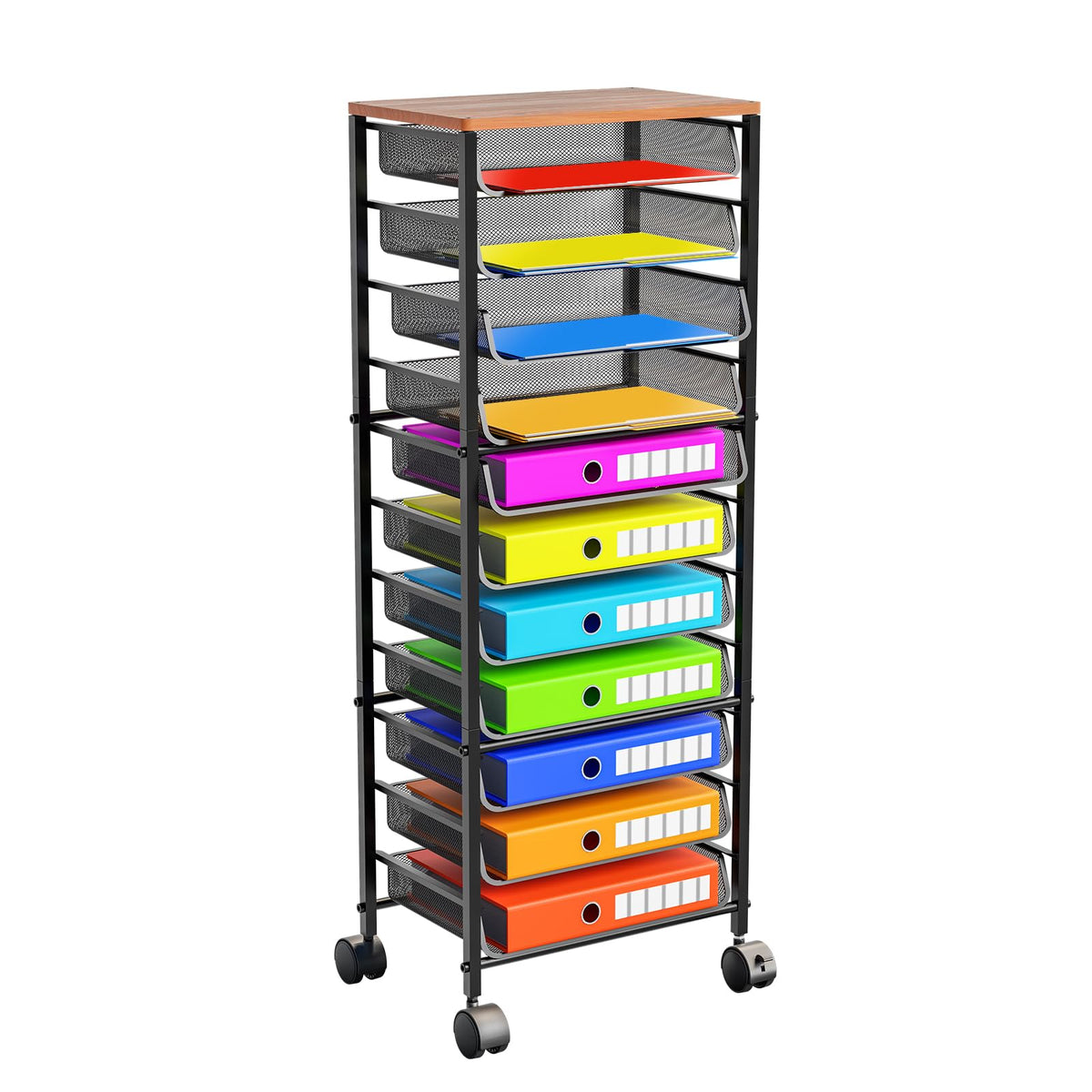 Simple Trending 12-Tier Rolling File Cart, Desk File Organizer with 11 Mesh Sliding Trays, Letter & Legal Paper Storage Rolling Utility Cart for Office Home School, Black