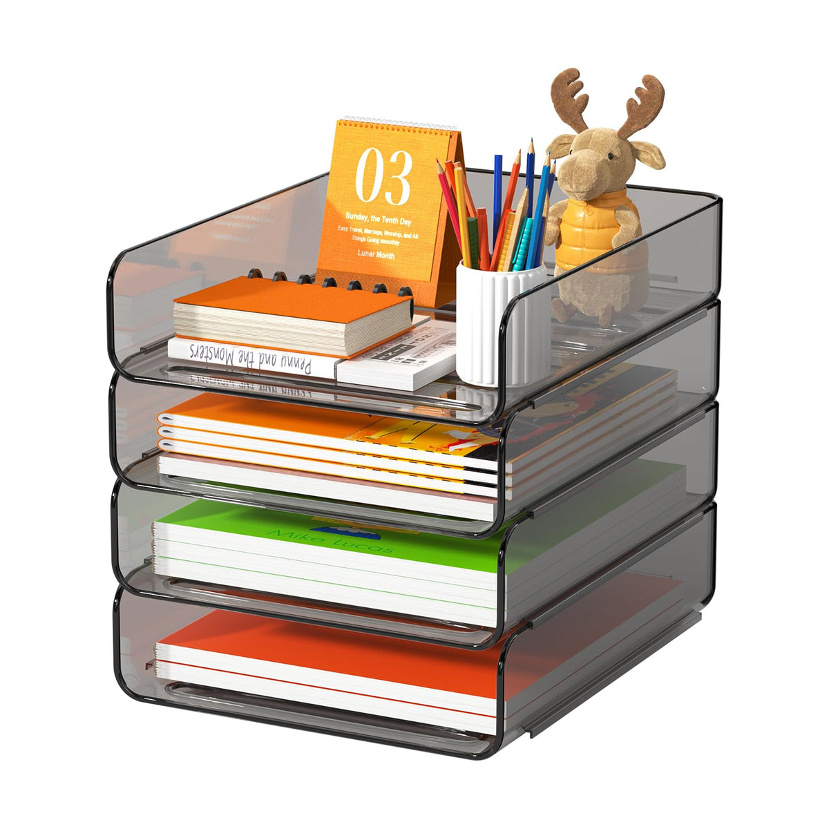 FANXIYQ 4-Tier Acrylic Paper Tray Organizer, Clear Stackable Desk File Organizer for Documents, Files, Letters, A4 Paper, Books, Notes, Mail & Paper Storage, Office Classroom Home