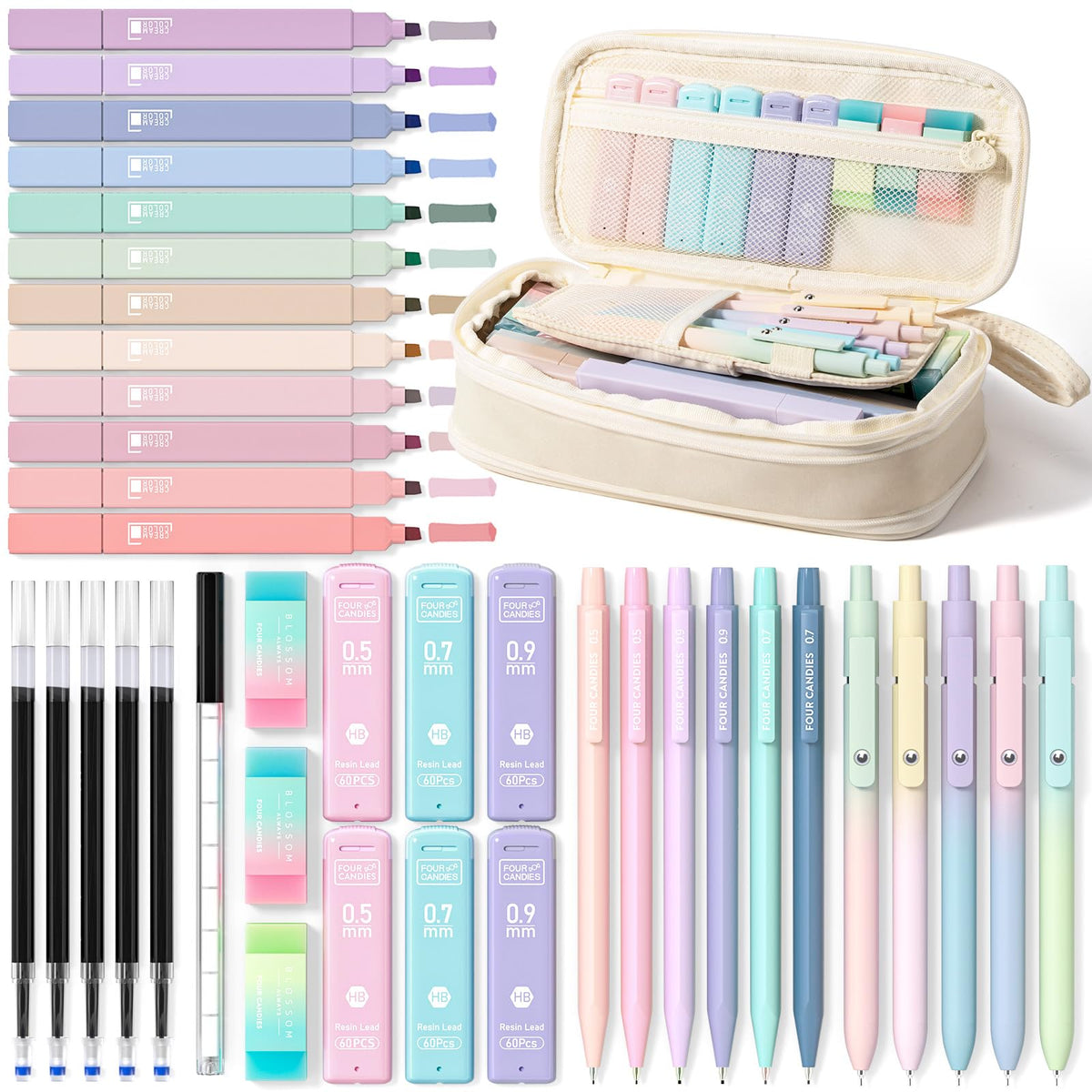 Four Candies School Supplies with Cute Pencil Case, 39ct, Pink
