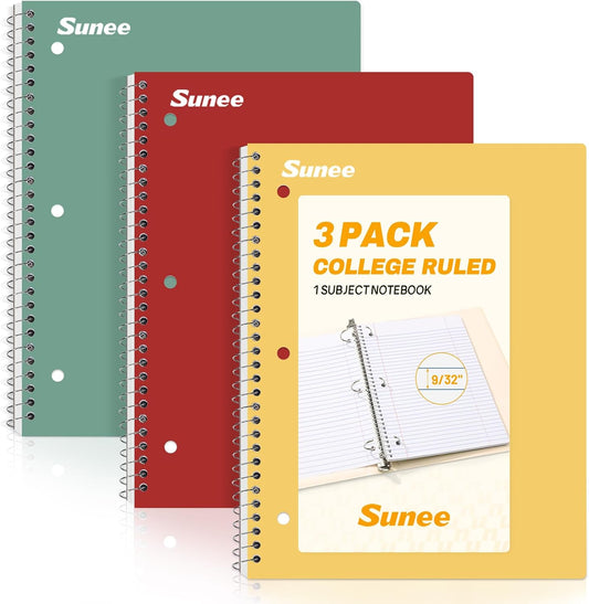 SUNEE Spiral Notebooks, 3 Pack, 1-Subject, College Ruled Paper, 8" x 10-1/2", 70 Sheets per Notebook, Assorted Colors Spiral Notebooks for School (Yellow, Red, Sage Green)