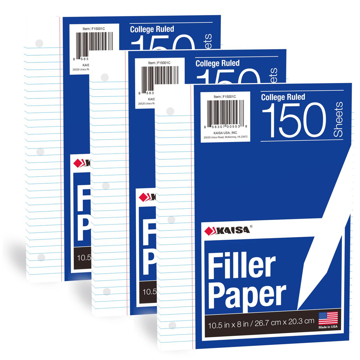 Kaisa Notebook Paper Bulk Wholesale Available 3 Pack Notebook Paper College Ruled 3-Hole Punched Loose Leaf Paper 8x10.5 Filler Paper for 3-Ring Binder, 150 Sheets/Pack (3 Pack-college)