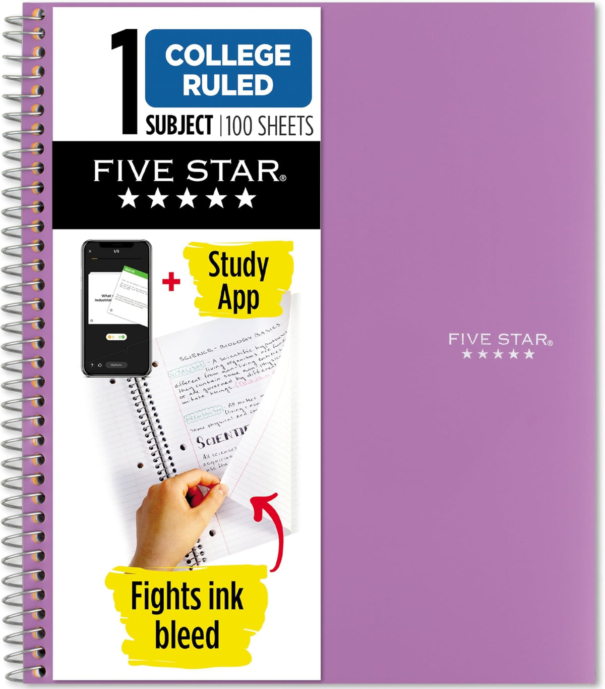 Five Star Spiral Notebook + Study App, 1 Subject, College Ruled Paper, 8.5" x 11", 100 Sheets, Blue (Color May Vary) (72565)