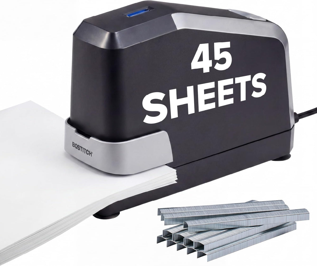 Bostitch Office Impulse Heavy Duty Electric Stapler Value Pack, 45 Sheet Capacity, Includes 5,000 Staples, No-Jam, Faster Stapling, Silver
