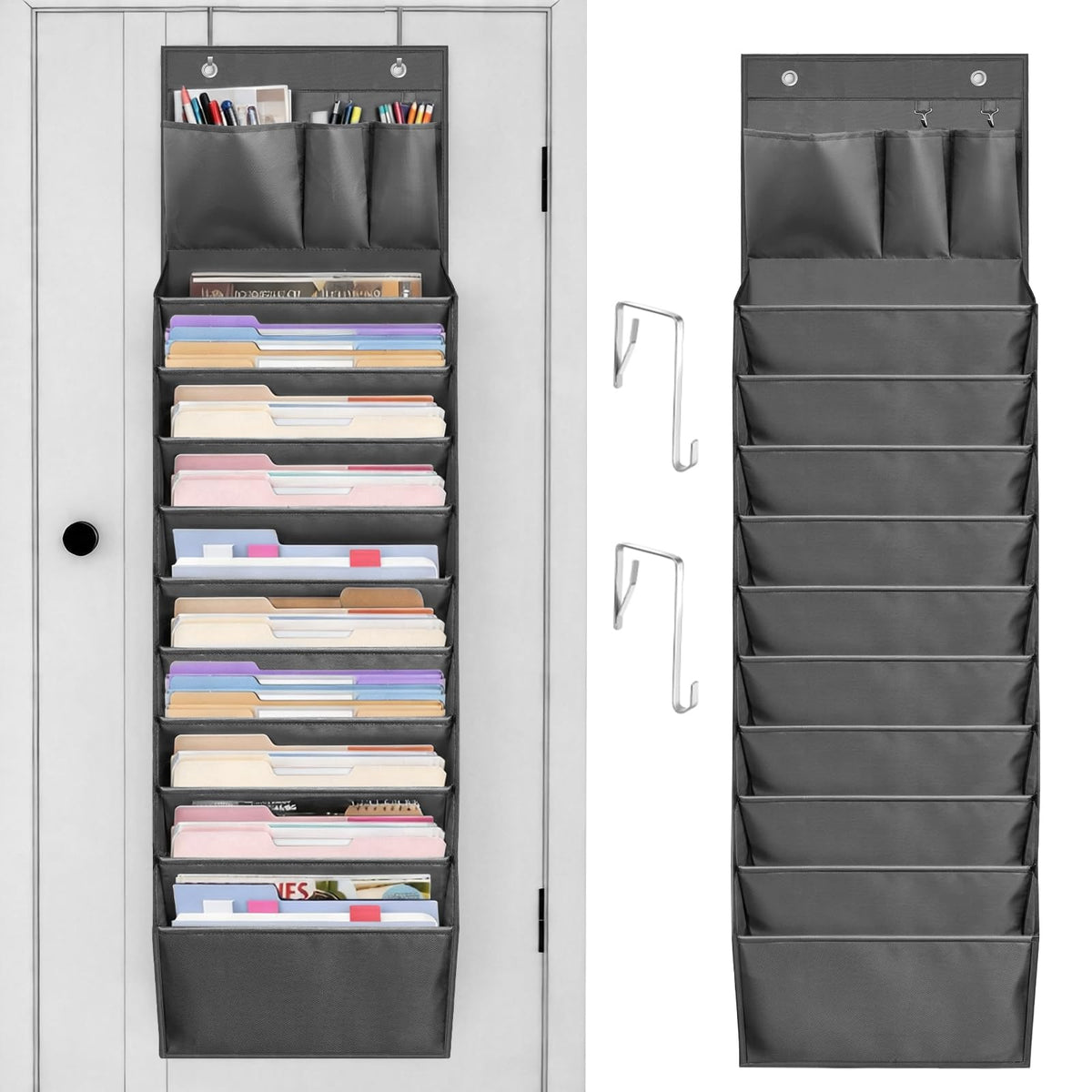 homyfort Over the Door File Organizer, Wall Hanging File Folders with 5 Large Pocket for Mails, Magazines, Back to School Supplies,Office Chart Storage, Paper Organization (Grey)