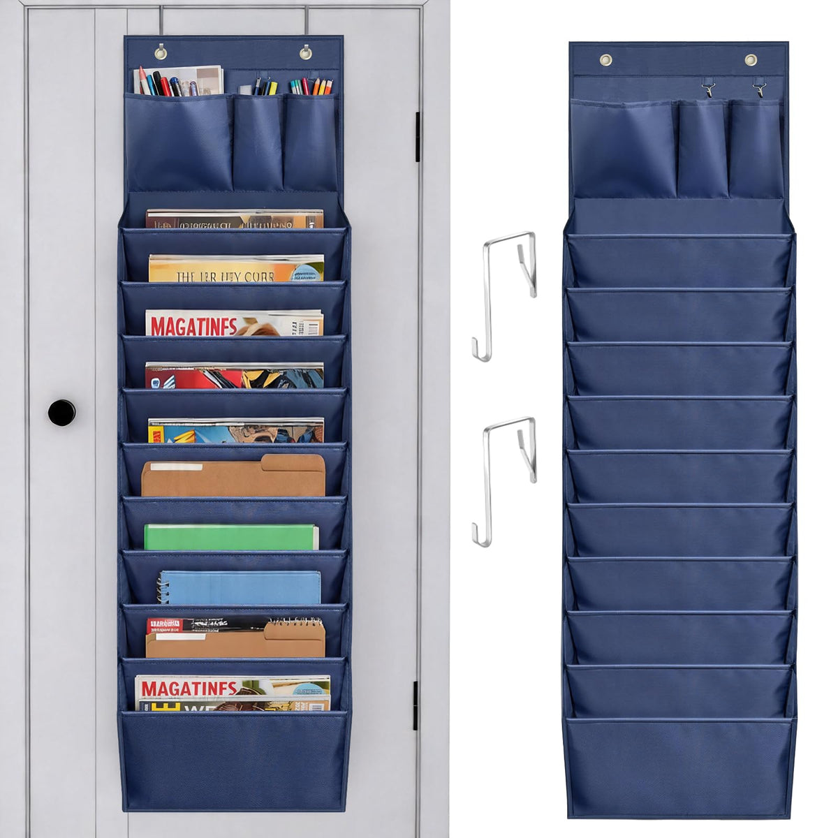 homyfort Over the Door File Organizer, Wall Hanging File Folders with 5 Large Pocket for Mails, Magazines, Back to School Supplies,Office Chart Storage, Paper Organization (Grey)