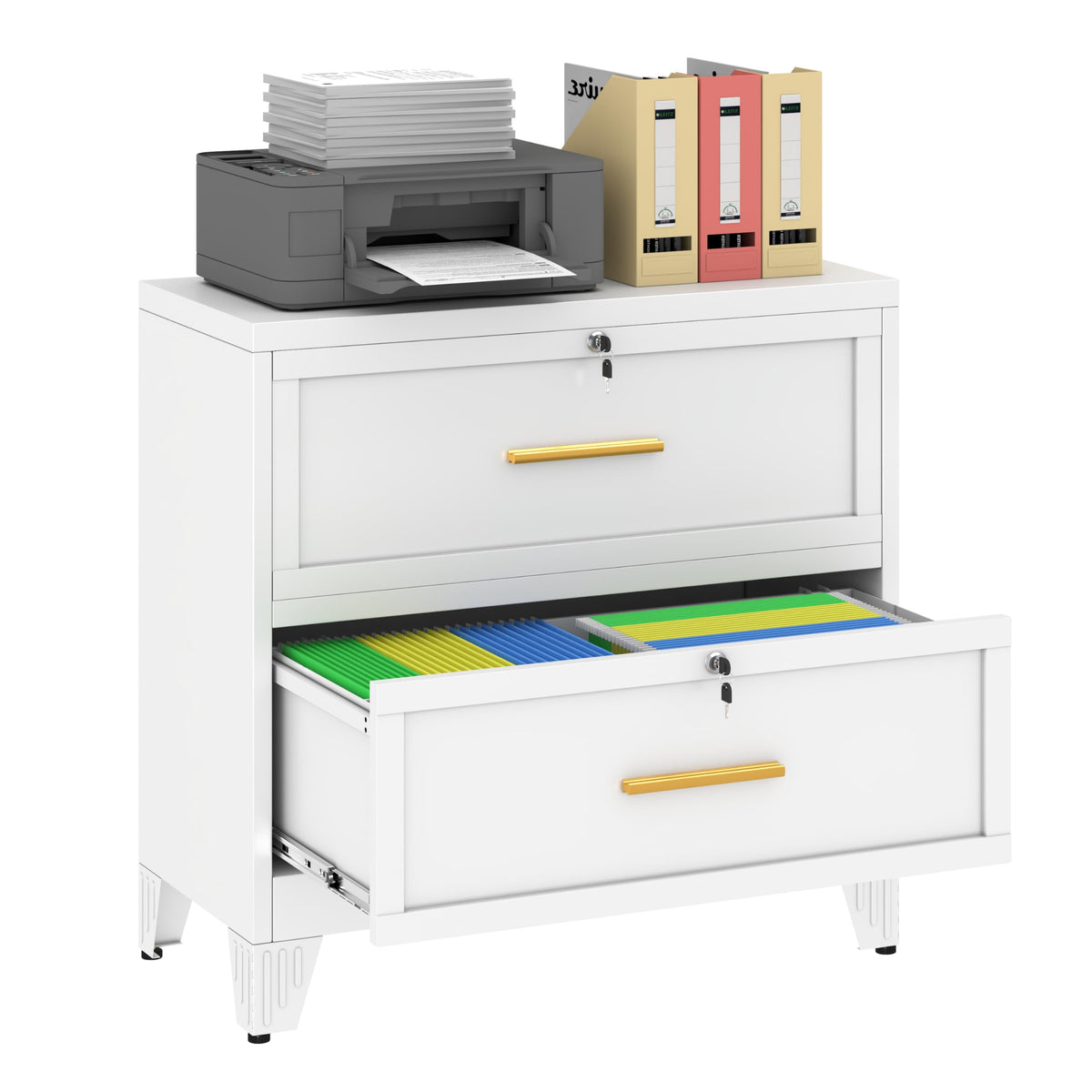 2 Drawer Metal File Cabinet with Lock,Lateral Filing Storage Cabinets,Steel Wide File Organization for Legal/Letter/A4/F4 Size with Hanging Files&Key,Lockable Printer Stand for Home Office, Black