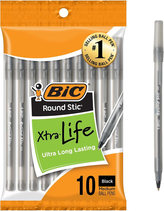 BIC Round Stic Black Ballpoint Pens, Medium Point, 1.0mm, 10-Count