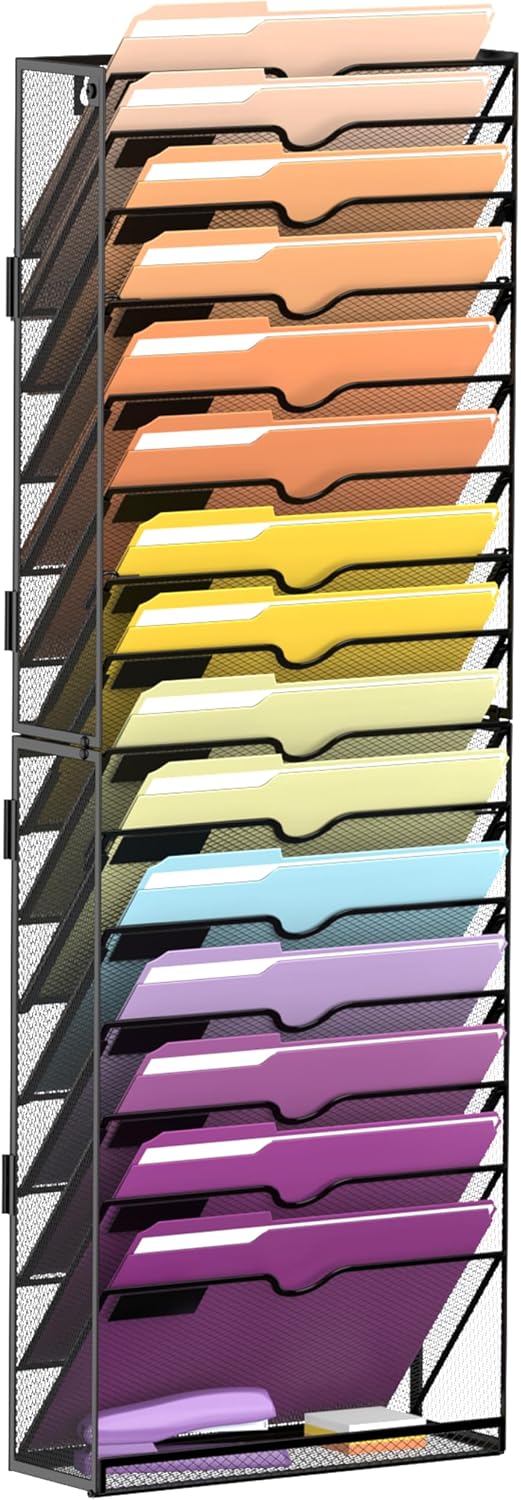 SUPEASY 16-Tier Hanging Wall File Holder Organizer for Papers, Folders, Files Clipboard & Magazine Organization Great for Office Home, Assembly Needed, Black