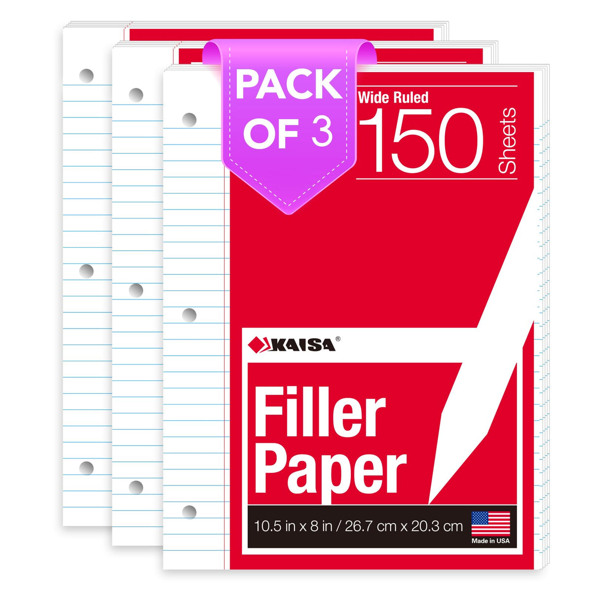Kaisa Notebook Paper Bulk Wholesale Available 3 Pack Notebook Paper College Ruled 3-Hole Punched Loose Leaf Paper 8x10.5 Filler Paper for 3-Ring Binder, 150 Sheets/Pack (3 Pack-college)