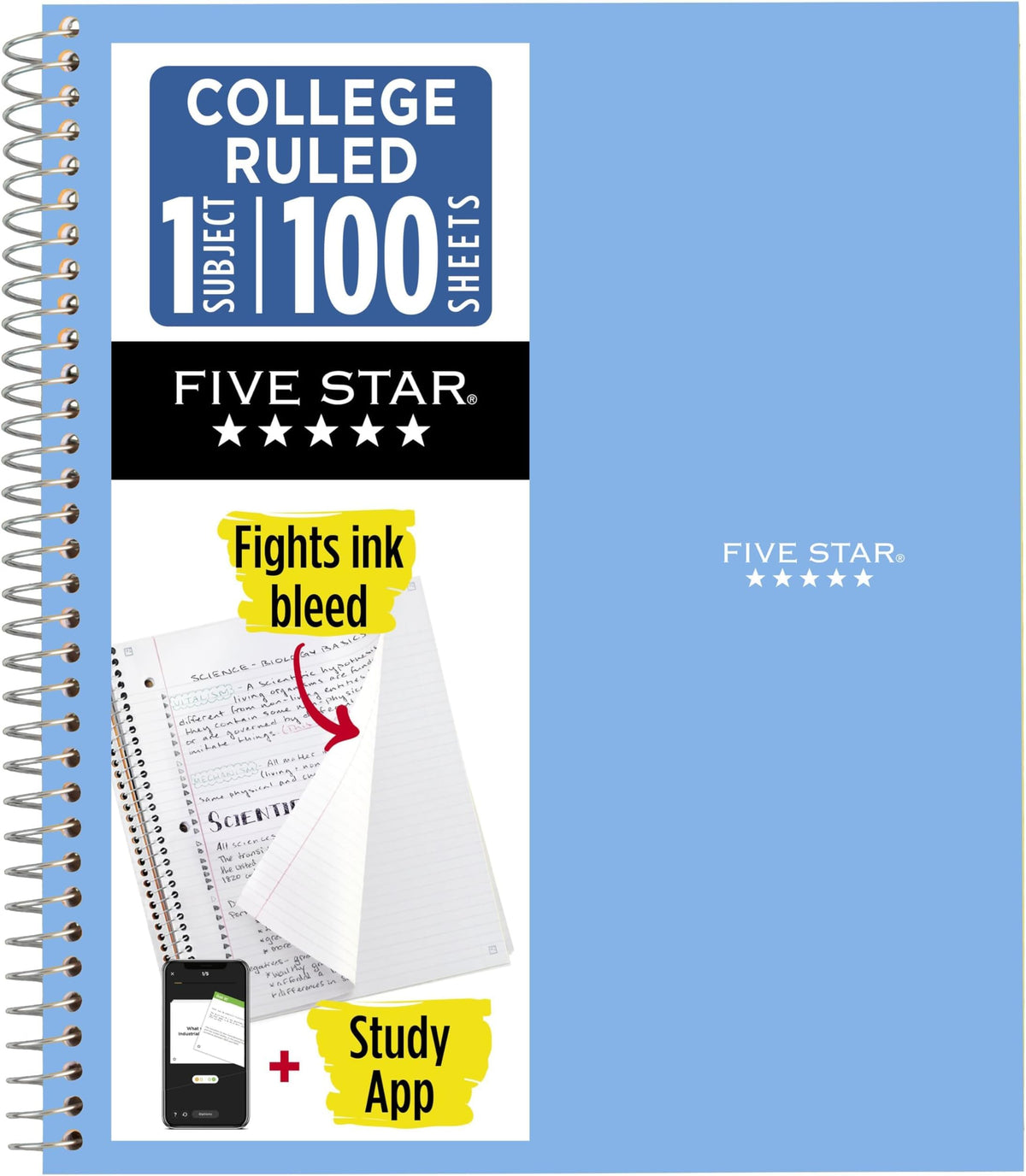 Five Star Spiral Notebook + Study App, 1 Subject, College Ruled Paper, 8.5" x 11", 100 Sheets, Blue (Color May Vary) (72565)