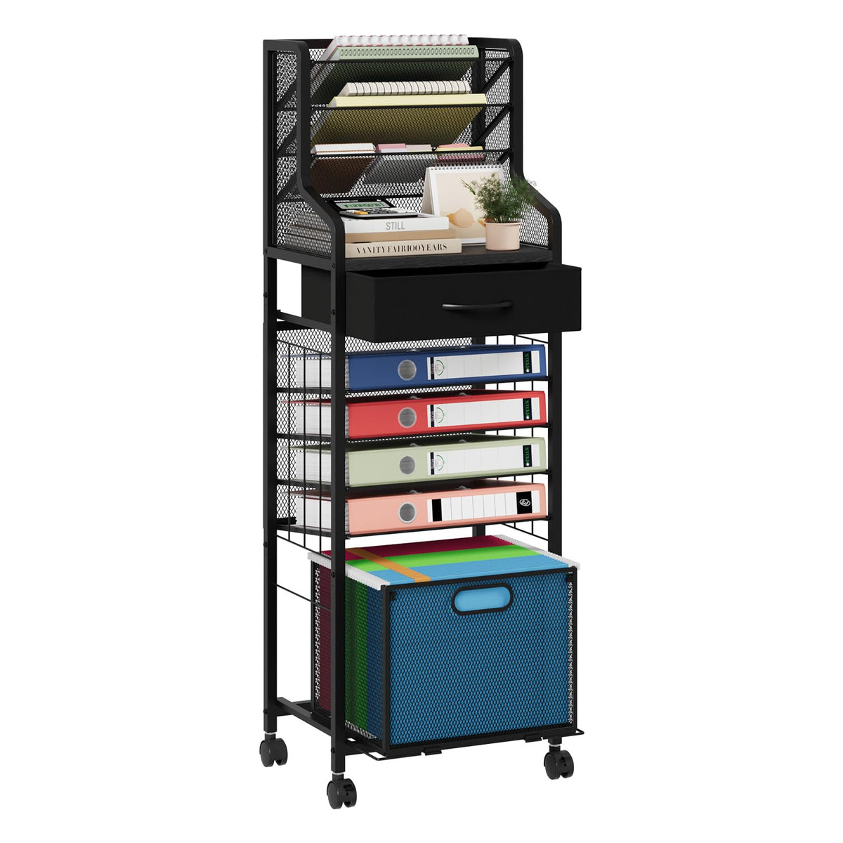 SWTYMIKI 10-Tier Rolling File Cart - Mesh Paper Organizer with Drawer & Hanging File Folders on Lockable Wheels, Rolling File Cabinet for Office Organization, Storage in Home, Studio, School, Espresso