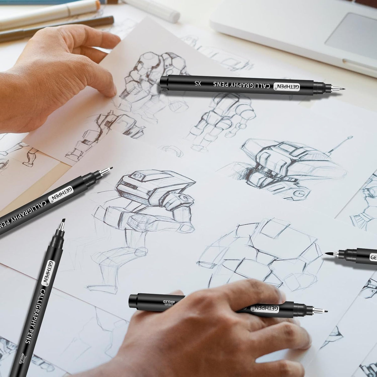GETHPEN Calligraphy Brush Pen Set,10 Sizes Black Archival Ink Markers