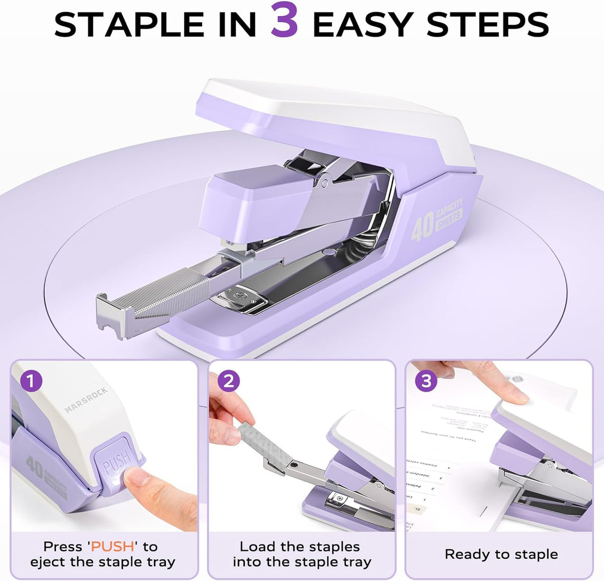 Marsrock Heavy Duty Stapler for Desk with 40-50 Sheet, 2000 Staples, Purple