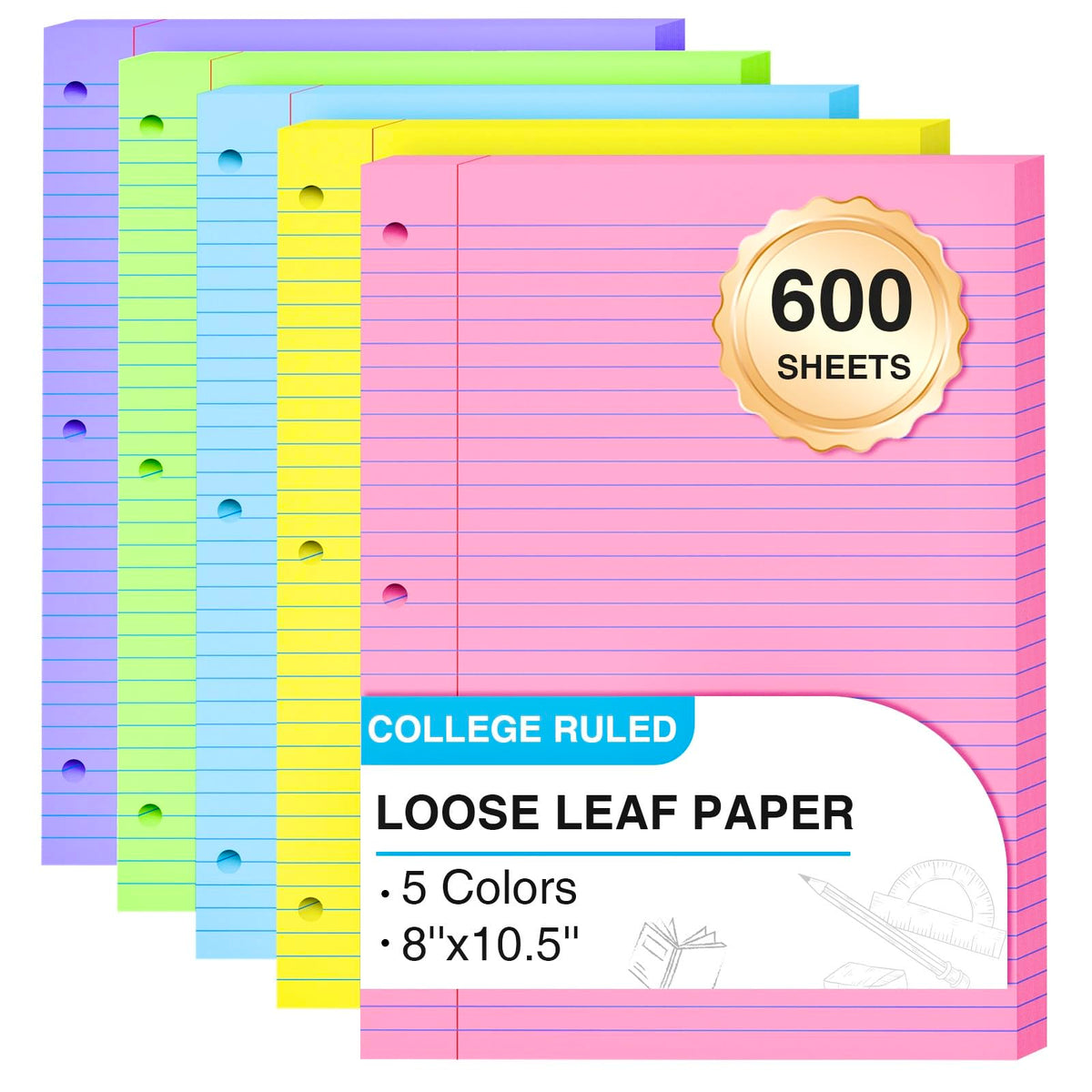 120 Sheets Loose Leaf Paper 8 x 10.5, 6 Colors Lined Paper College Ruled