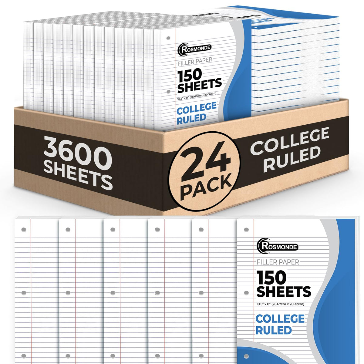 Rosmonde 450 Sheets Loose Leaf Paper, 3 Pack, College Ruled Filler Paper