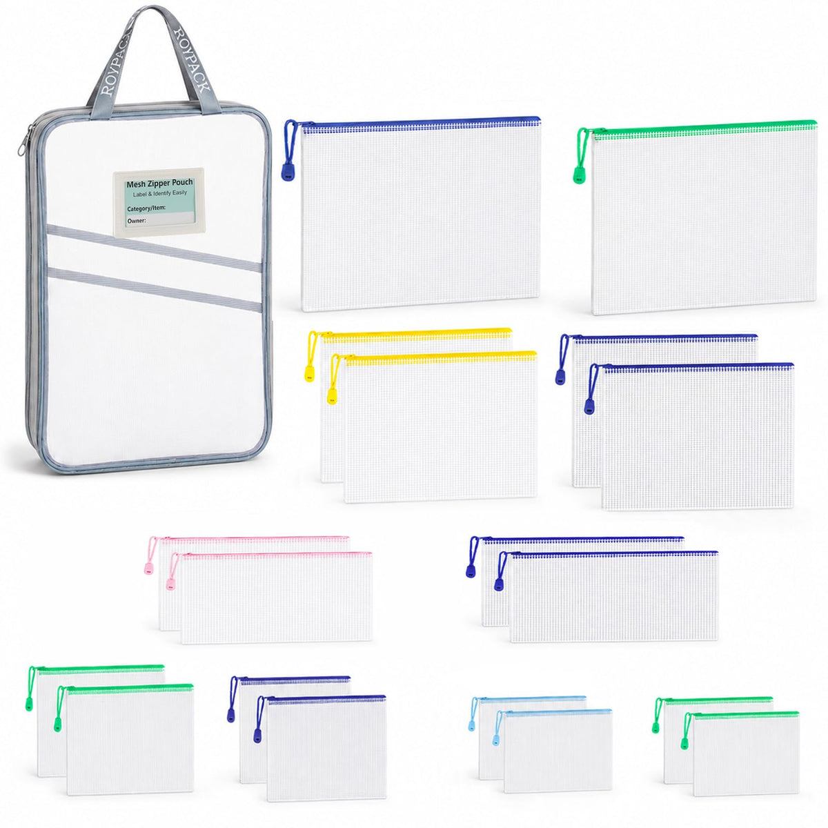 8pcs Mesh Zipper Pouches with Organizer Bag, Reusable Plastic Bag