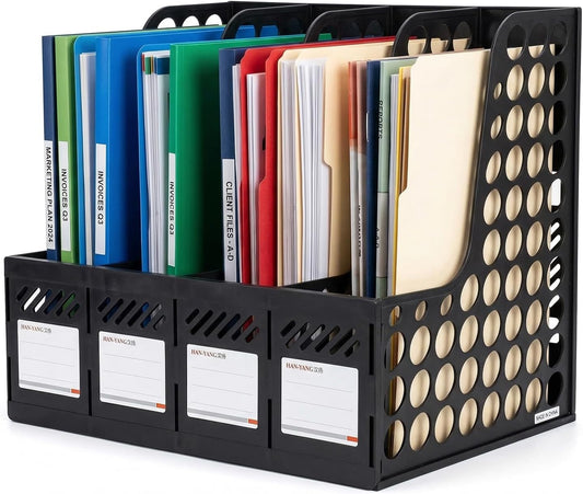 Ysenchan Plastic Magazine File Holder & Desk Organizer, 4 Vertical Compartments File Folder Organizer for Office Classroom Organization, Coloring Book Storage with Sturdy Binder Accessories(Black)
