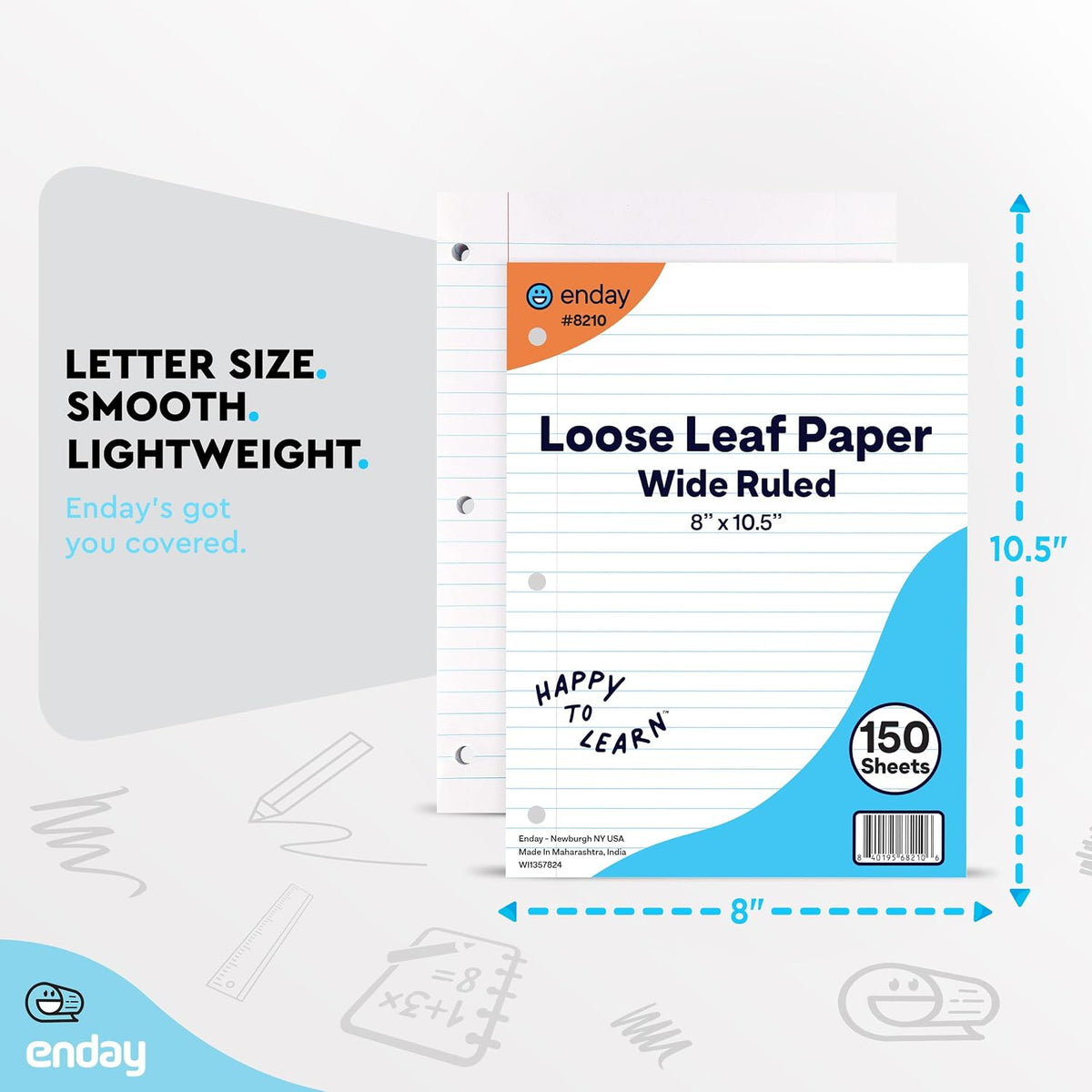 Loose Leaf Paper Notebook Paper, 8" x 10.5" Filler Paper White, 3 Hole Punched Binder Paper for 3 Ring Binders, Lined Paper 150 Sheets Per Pack - By Enday