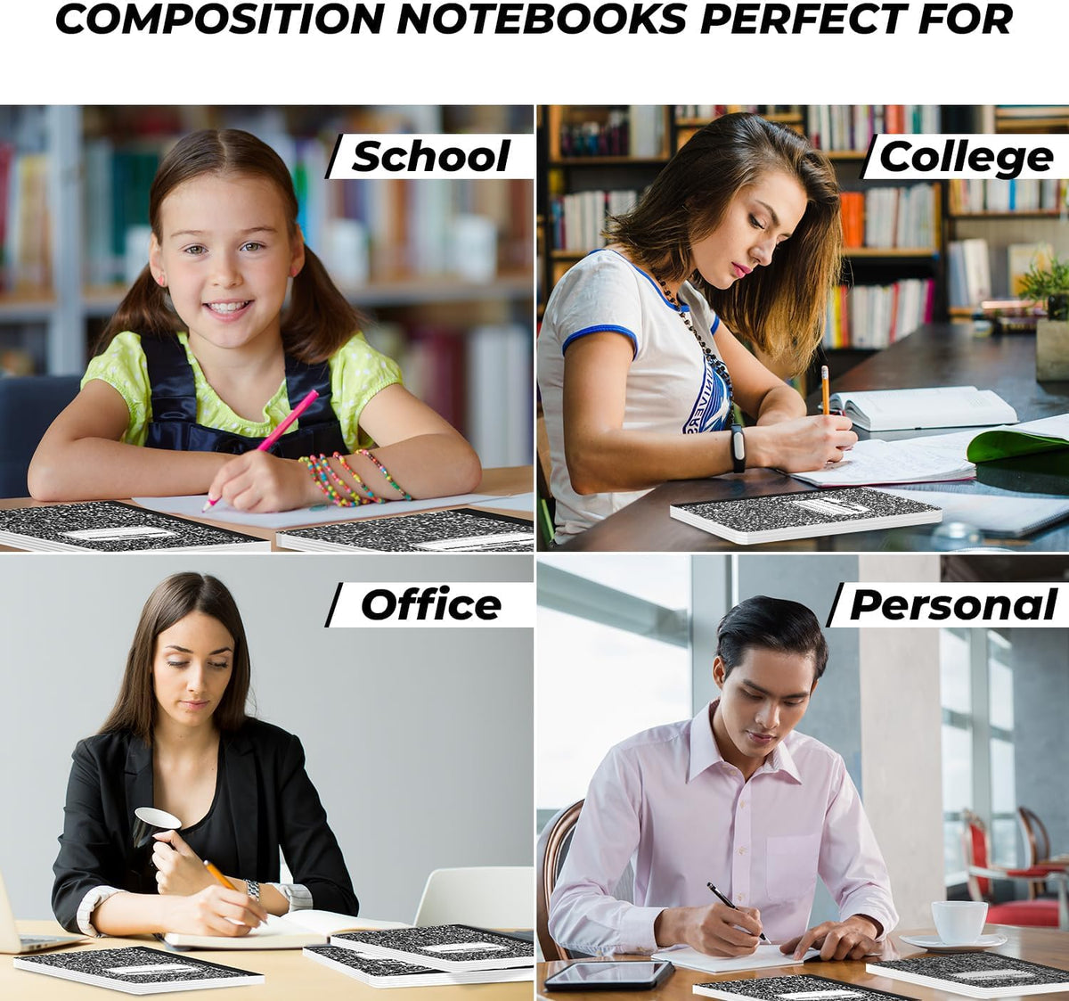 Rosmonde 5 Pack College Ruled Composition Notebooks, Black Marble Notebook