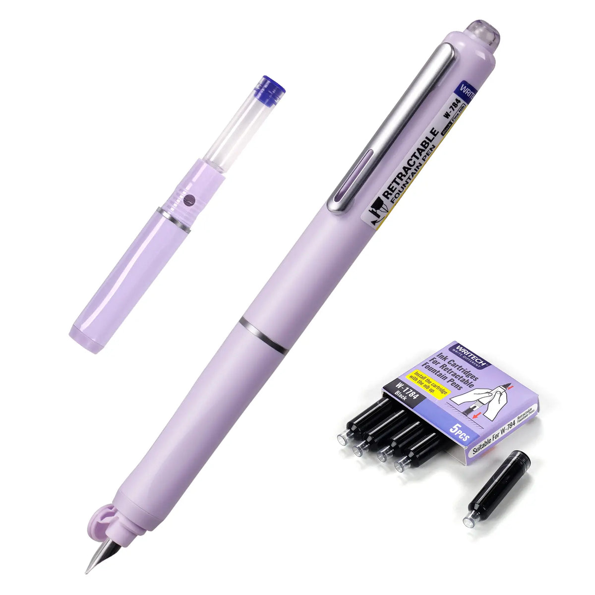 WRITECH Fountain Pen Black Ink with Retractable Fine Nib - Set of 5 Ink Cartridges for Smooth Calligraphy, Journaling and Sketching - Pink Gift