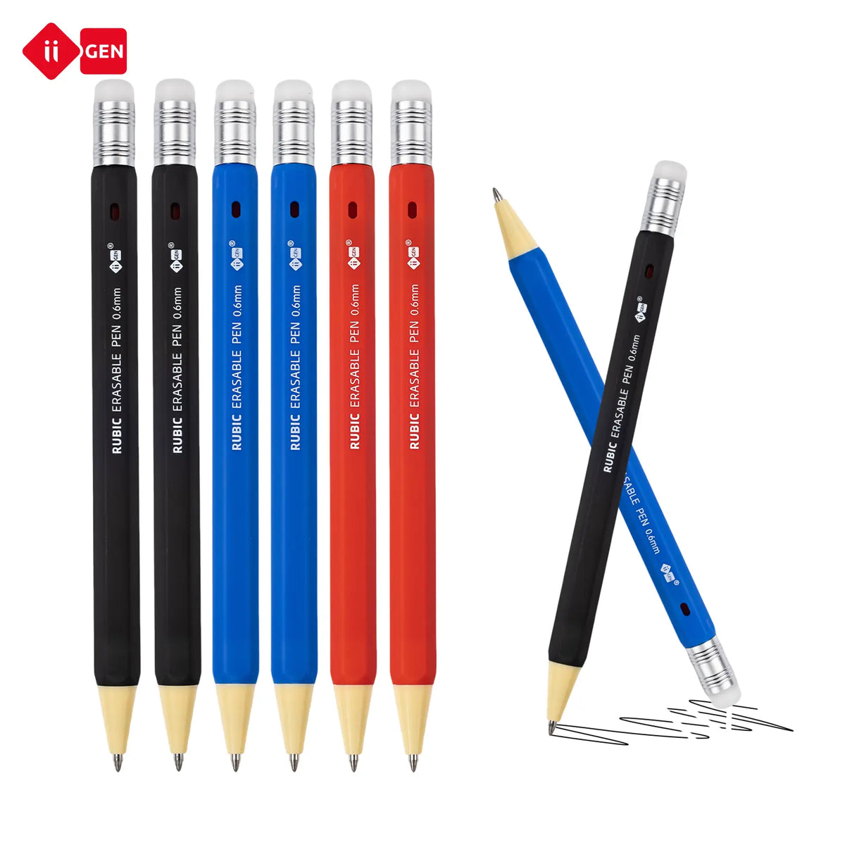 iiGEN RUBIC Erasable Gel Pen Set (6-Pack) - 0.6mm Medium Point, Smooth Quick-Dry Reusable Ink, for College Students,School Supplies College Office Stationery, Black Red Blue