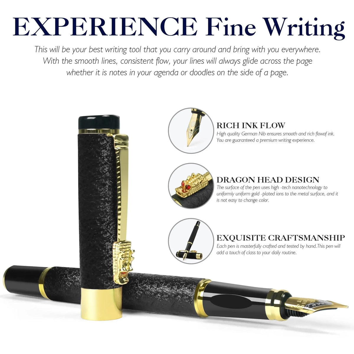 Luxury Dragon Pattern Metallic Fountain Pen Set, Business Signature Pen with Gift Box, Replaceable Ink Sac Smooth Writing Aesthetic Pen, Office Writing Tool, Office Stationery Supplies