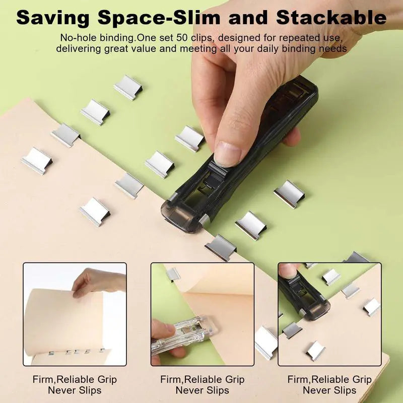 2 Pcs Portable Binder Clip Stapler, with 100 Pcs Small Binder Clips, lacari notepad clip Lacari,Non-Destructive Paper Clam Dispenser for Office, Home, School Effortless Document Organization Practicality office accessories,sohochic