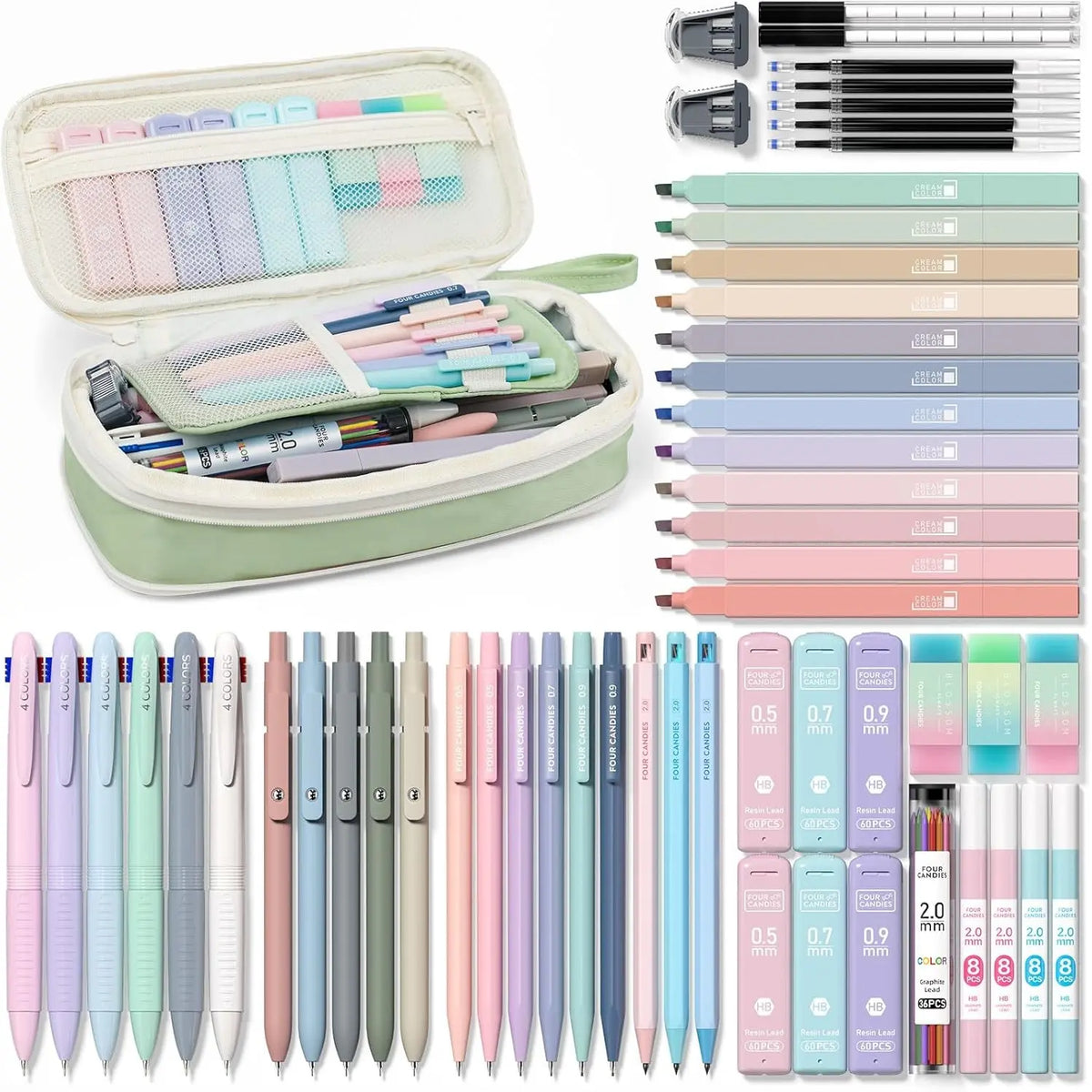 【Buy 1 Get Gift】back to school shopping Four Candies 56PCS Aesthetic School Supplies with Cute Pencil Case,6 Multicolor Pens,12 Pastel Highlighters, 5 Black Ink Gel Pens, 9 Mechanical Pencils for Student Essentials,girly office supplies,Writing Stationery