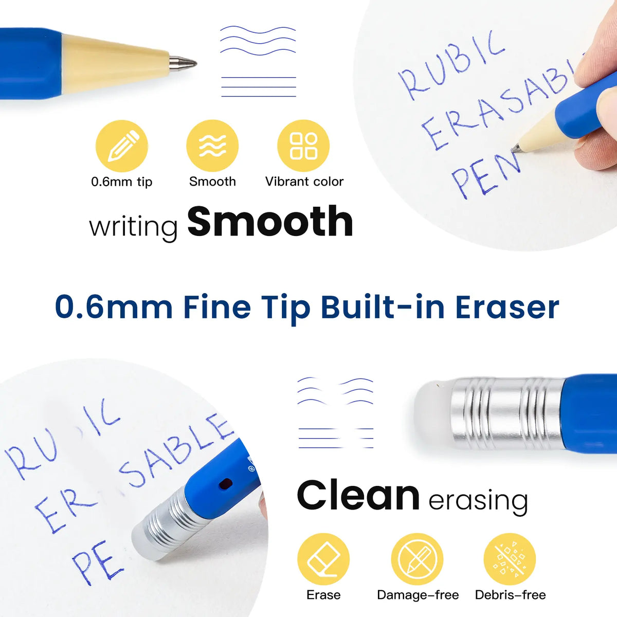 iiGEN RUBIC Erasable Gel Pen Set (6-Pack) - 0.6mm Medium Point, Smooth Quick-Dry Reusable Ink, for College Students,School Supplies College Office Stationery, Black Red Blue