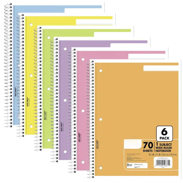 6 Pack Spiral Notebook, 1 Subject, Wide Ruled Paper, 7-1/2" x 10-1/2", 70 Sheets per Notebook, Assorted Pastel Colors (930050-ECM)