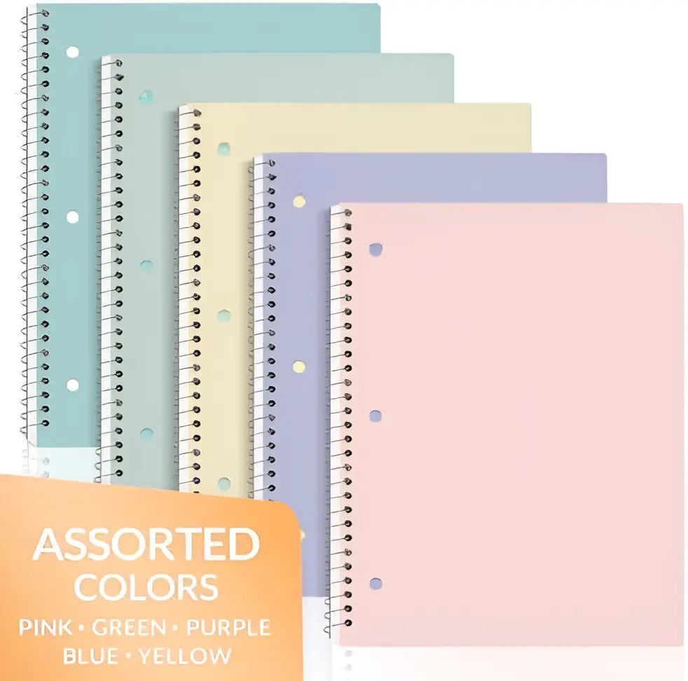 Spiral Notebooks, 1-Subject, 5 Pack, College Ruled Paper, 8" x 10-1/2", 70 Sheets per Notebook,3-Hole Punched Paper, Pink,Purple, Blue, Green, Yellow Spiral Lined Notebooks for School,Work