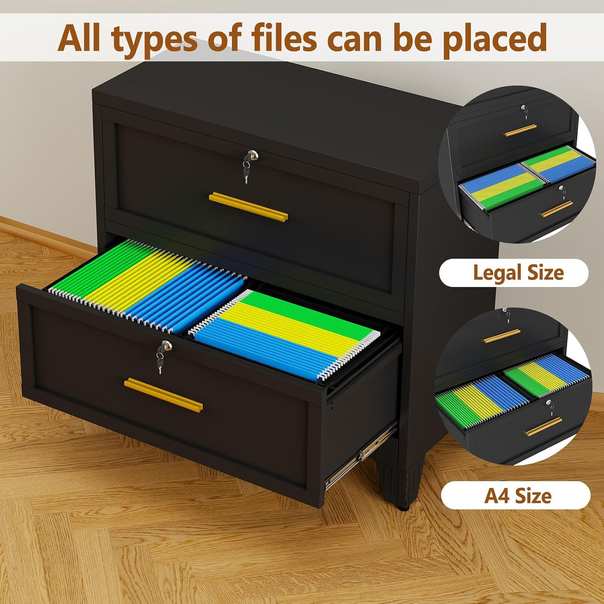 2 Drawer Metal File Cabinet with Lock,Lateral Filing Storage Cabinets,Steel Wide File Organization for Legal/Letter/A4/F4 Size with Hanging Files&Key,Lockable Printer Stand for Home Office, Black