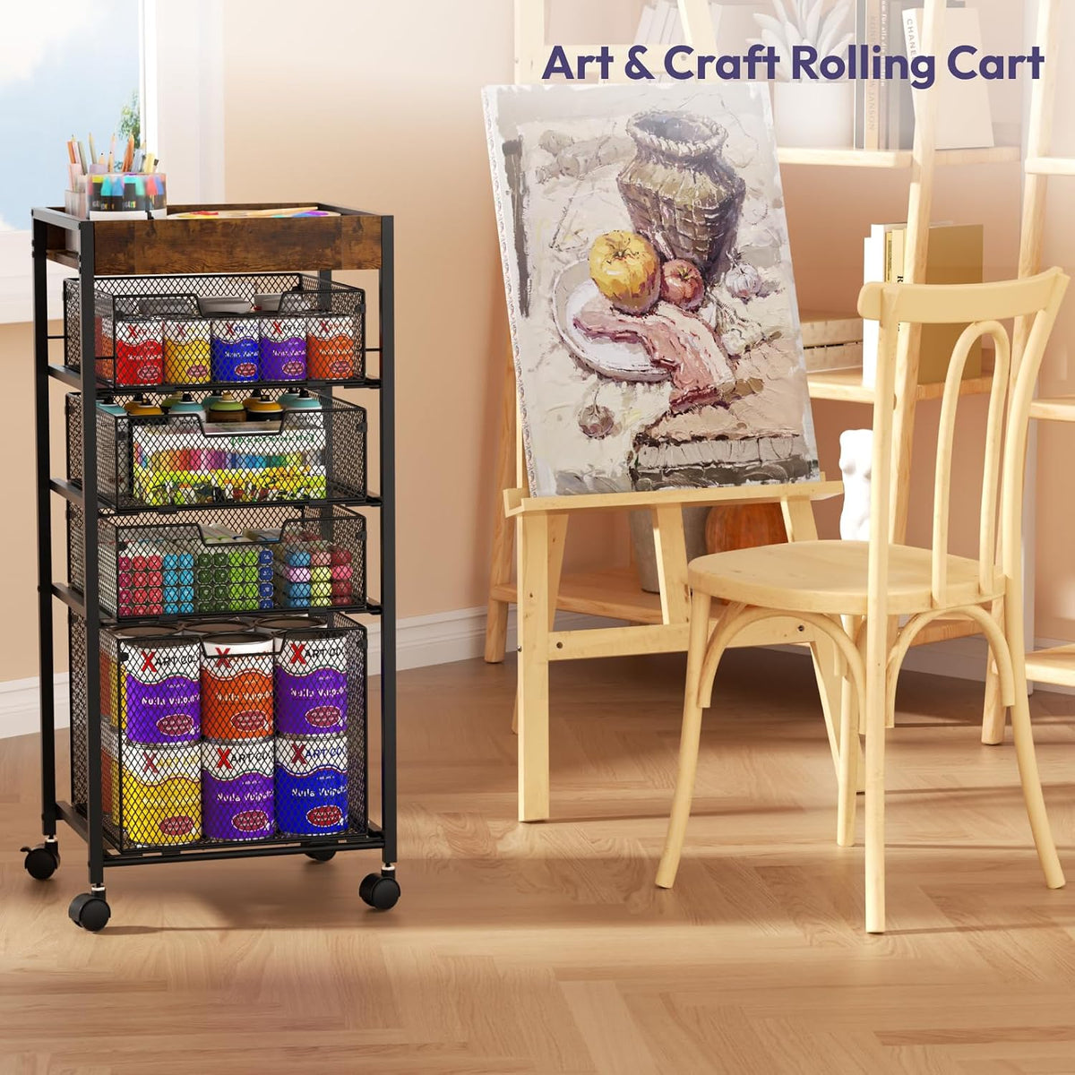 SWTYMIKI Rolling File Cart with Drawers - 5 Tier Art Craft Rolling Organizer Cart - Office Storage &Organization, Mobile Metal File Cabinet for Office and Home Espresso