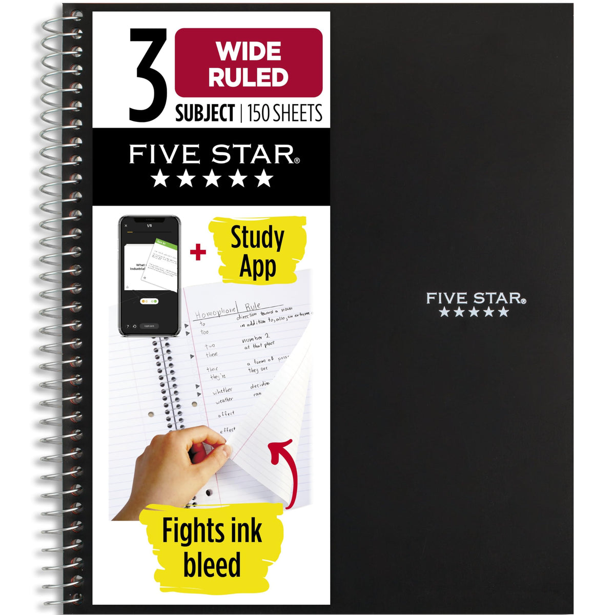 Five Star Spiral Notebook + Study App, 3 Subject, Wide Ruled Paper, 8" x 10-1/2", 150 Sheets, Fights Ink Bleed, Water Resistant Cover, Forest Green (73176)